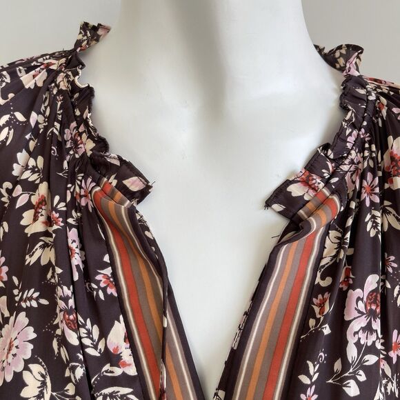 Current Air Long Sleeve Satin Pleated Boho Dress Brown Floral M Cottage Chic - Picture 5 of 14